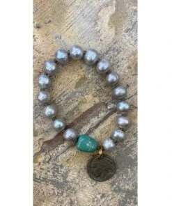 J. Forks Designs Women's Silver Pearls & Turquoise Stacker Bracelet