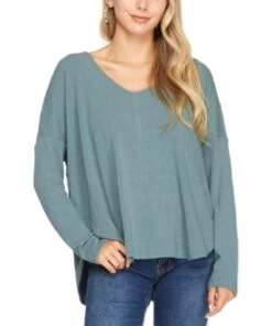 She & Sky Women's Slate Green Hi Low Knit Top