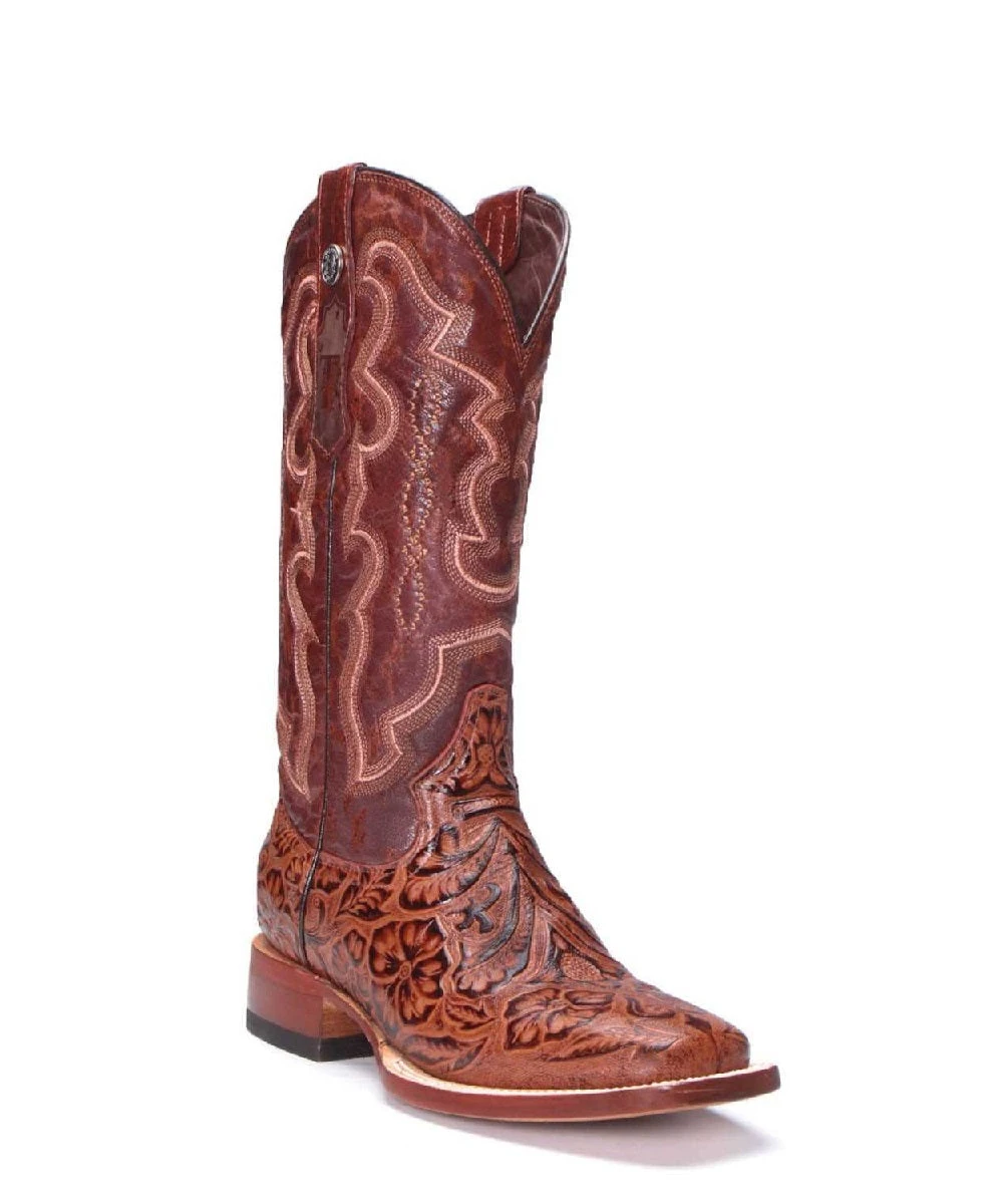Tanner Mark Women's Cognac Floral Embossed Leather Boot 3 Tanner Mark Women's Cognac Floral Embossed Leather Boot